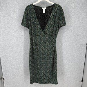 Liz Claiborne Faux Wrap Knee Length Short Sleeve Dress Size L Green Black Print